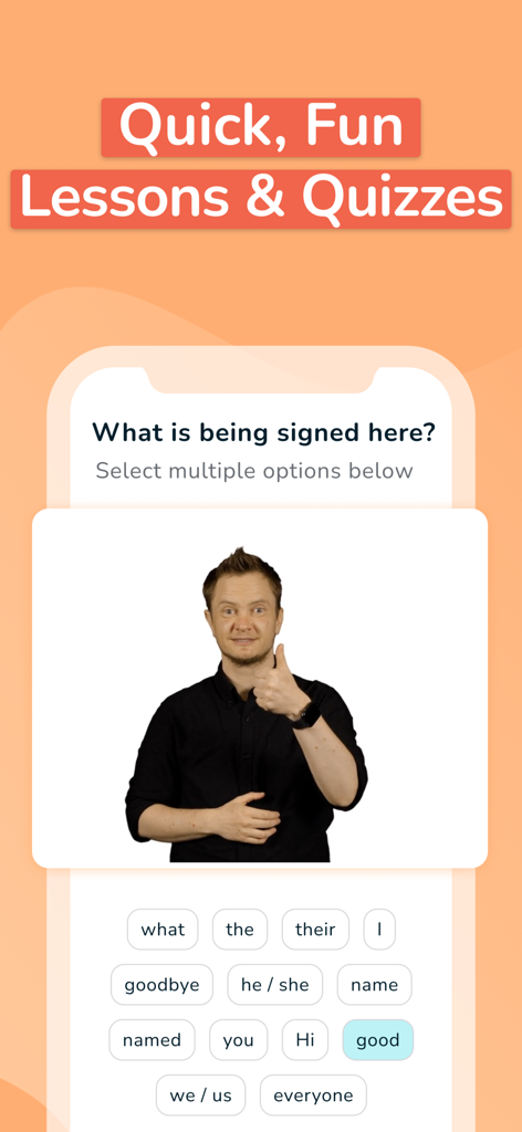 Auslan Wiz app interface showing a man signing a word during an interactive quiz