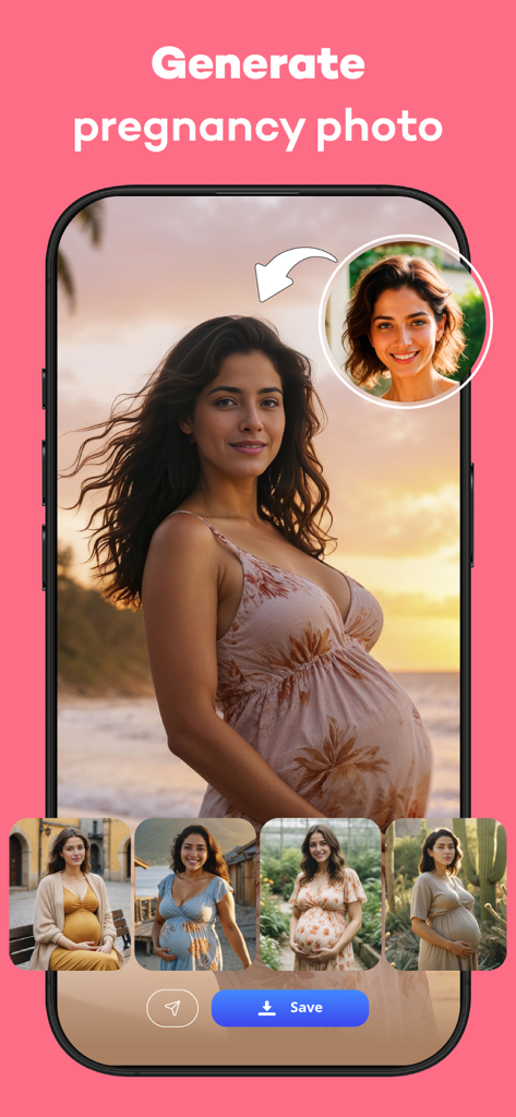 AI Future Baby Generator app interface showing an AI generated pregnancy photo filter of a woman on a beach