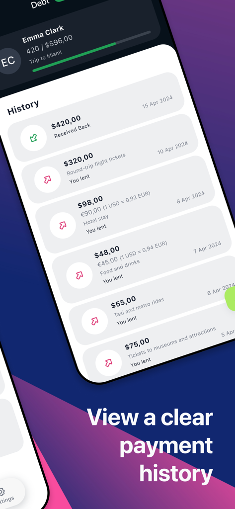 Debts & Savings Tracker - Interfaz que muestra un historial claro de pagos de deudas y gastos compartidos con conversión de divisas en la aplicación rastreadora