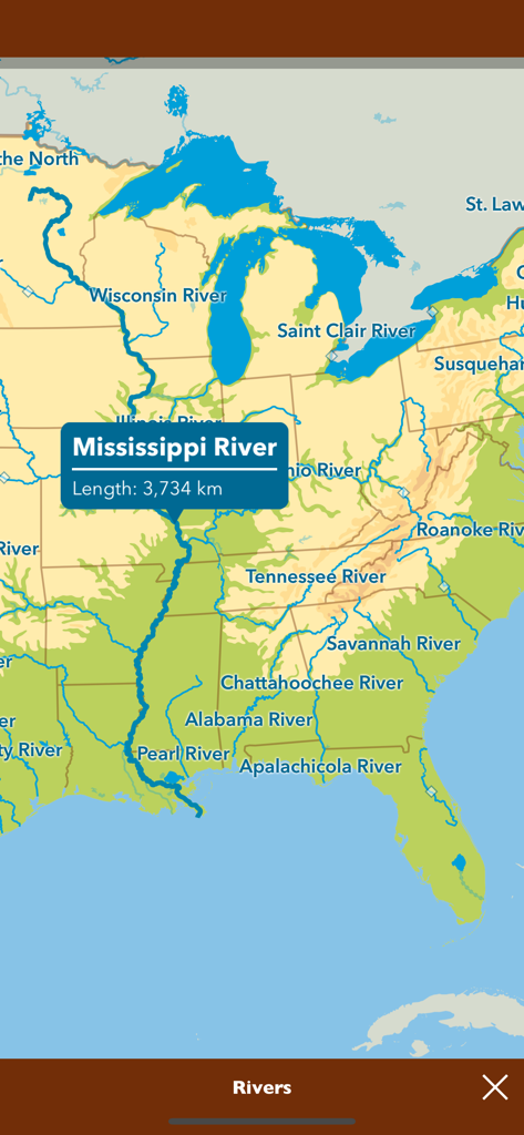 Un mapa educativo de ríos de EE. UU. destacando la longitud del río Mississippi en la aplicación Mapas de Nuestro Mundo