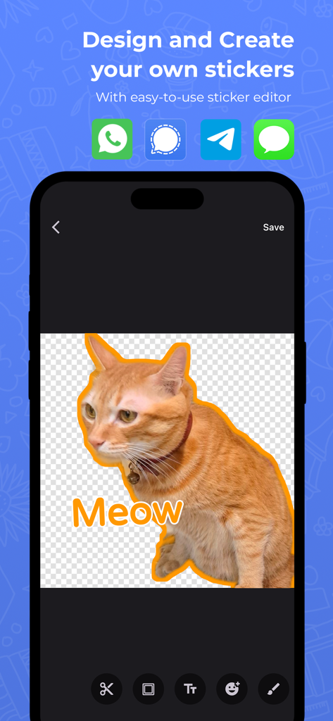 SigStick Sticker Maker - SigStick app interface for designing custom stickers featuring a cat and editing tools.