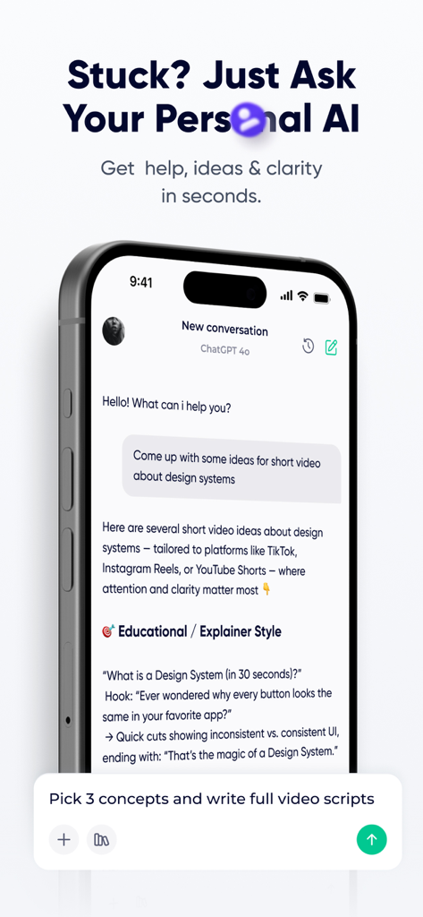 SMMHUB: Growth Marketing Tool - SMMHUB app interface showing a personal AI assistant generating social media content ideas and video scripts.