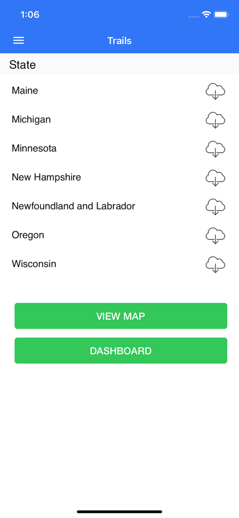 GroomerTracker app interface showing a list of states to download snowmobile trail maps including Maine, Michigan, and Minnesota.