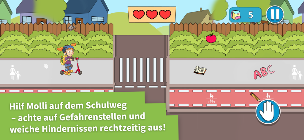 Molli und Walli | UKH - Una niña de dibujos animados en patinete aprendiendo seguridad vial en la aplicación educativa Molli y Walli