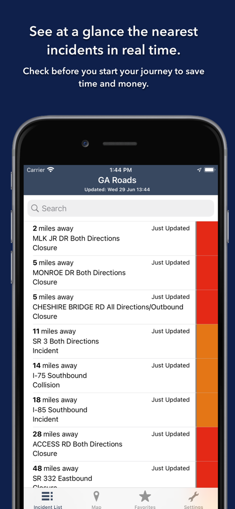 Lista de incidentes de trânsito em tempo real e fechamentos de estradas na Geórgia classificados por distância