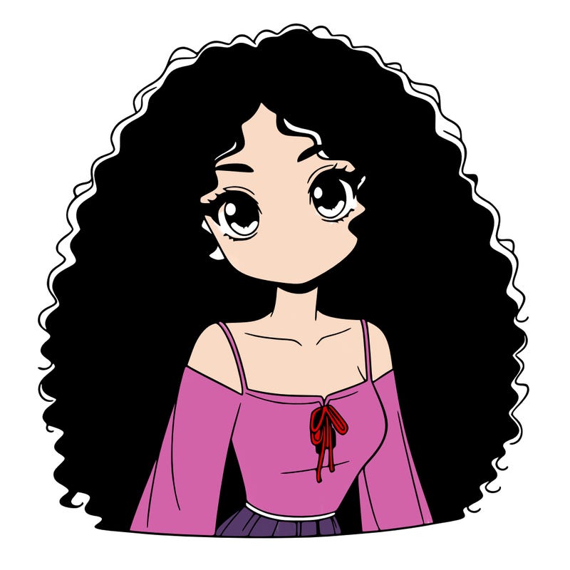 a black anime girl with long afro hair