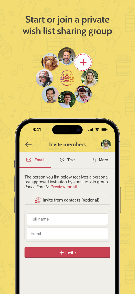 Giftster app screen for inviting members to a private wish list sharing group via email or text