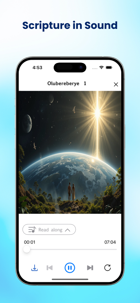 Smartphone screen showing the Luganda Holy Bible app audio scripture player with an illustration of Earth