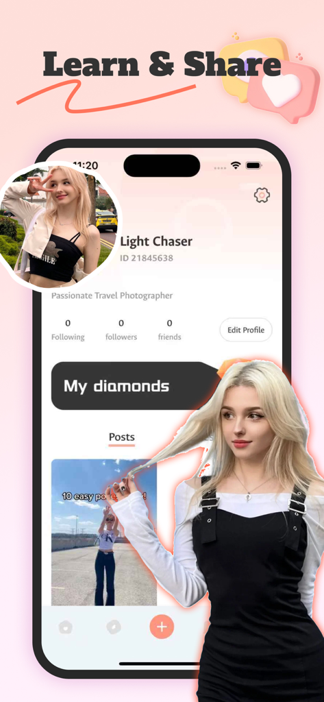Camii - The Camii app profile page for a travel photographer showing social stats and photography tutorials