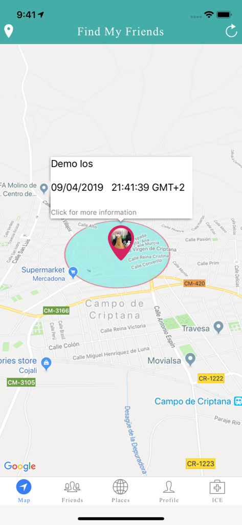 Find Friends - Localizame - Mapa de la aplicación Find Friends que muestra la ubicación de un amigo y el botón de emergencia ICE