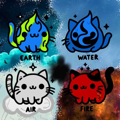 4 cats that represent the different elements, earth, water, air, and fire