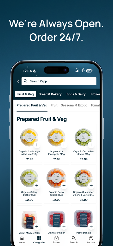 Zapp – 24/7 Drinks & Groceries - Zapp mobile app interface displaying a selection of prepared organic fruit and vegetables available for 24-7 delivery.