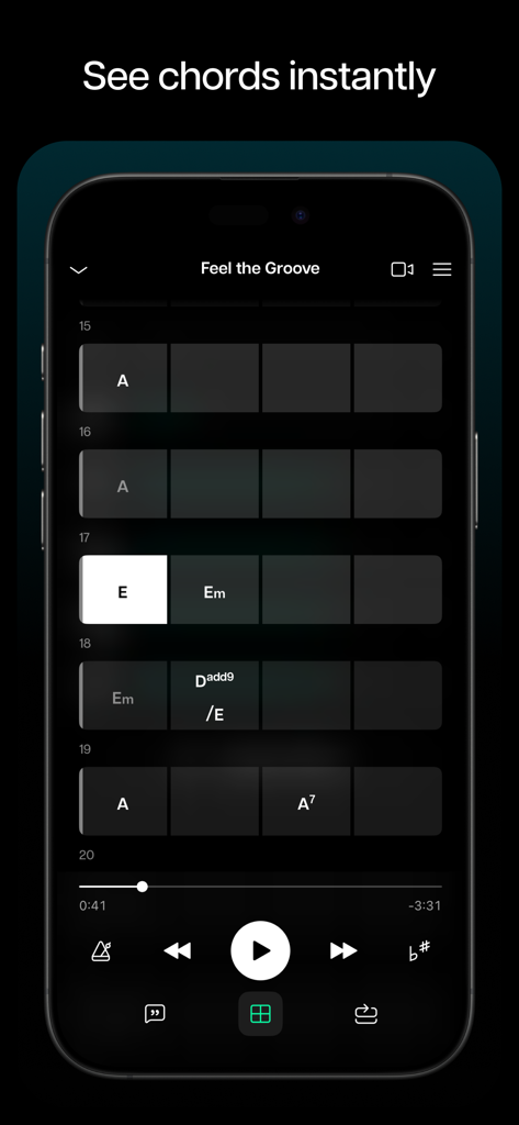 La app Moises mostrando su función de detección de acordes por IA con acordes musicales sincronizados en la pantalla de un smartphone.
