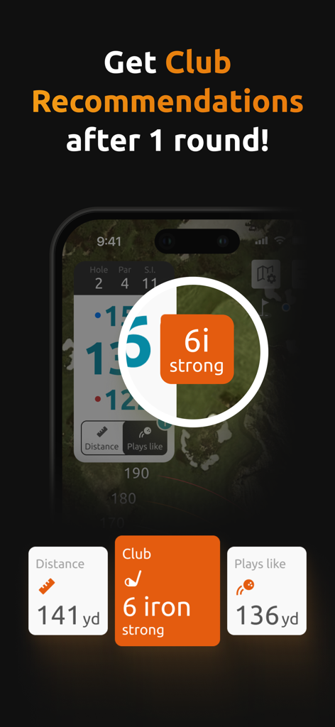Screenshot of 15th Club app showing personalized golf club recommendations and yardage data