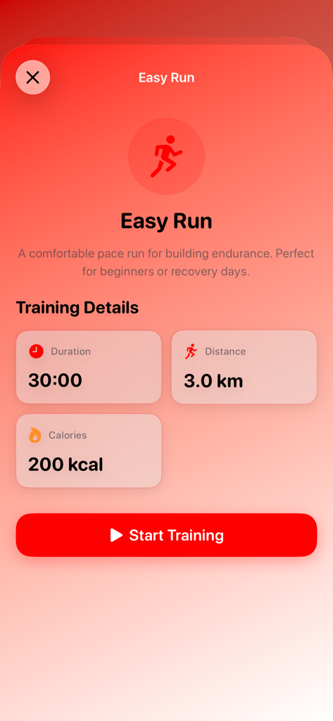 Run Lеft - Pantalla de la aplicación Run Left que muestra los detalles del entrenamiento de carrera fácil, incluida la duración, la distancia y las calorías.