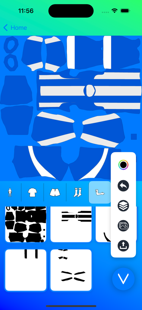 DREAM KITS SOOCER - Mobile app interface showing a blue and white soccer jersey kit editor with customization tools