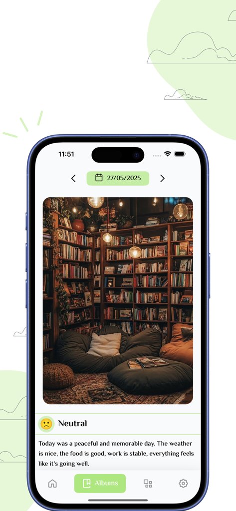 TaeOnHer - Diary - Interfaz de la aplicación TaeOnHer que muestra una entrada de diario diaria con una foto de la galería, selección de estado de ánimo neutral y una reflexión escrita