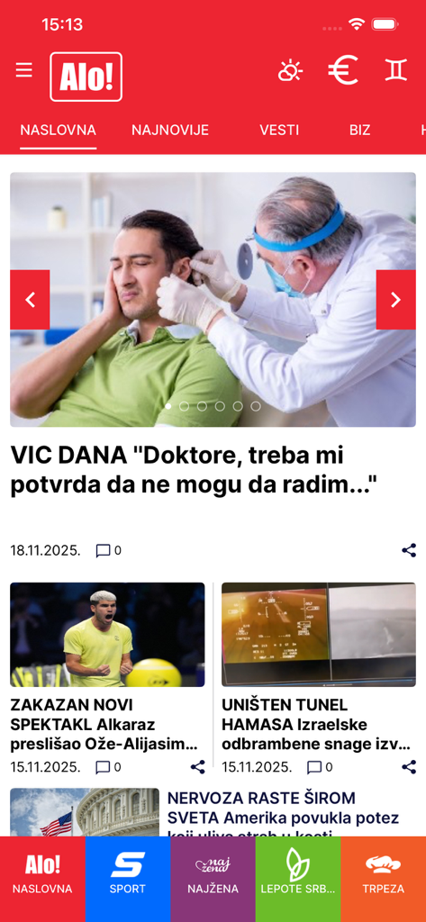 alo.rs - Screenshot of the Alo.rs mobile app home screen showing Serbian news, sports, and lifestyle categories