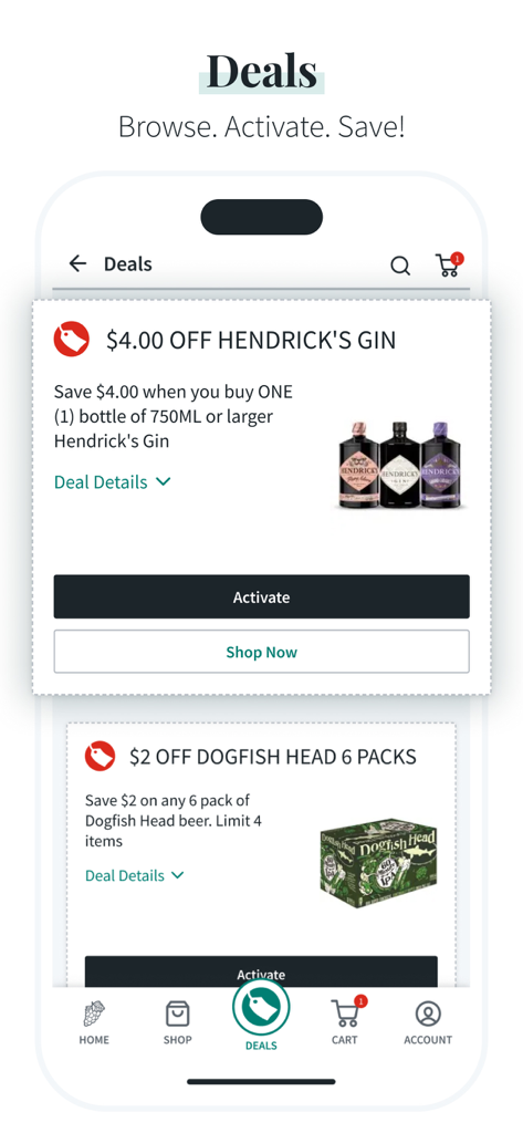 Total Wine & More - Total Wine and Moreモバイルアプリ。Hendrick's GinとDogfish Headビールのセールとクーポンが表示されます。