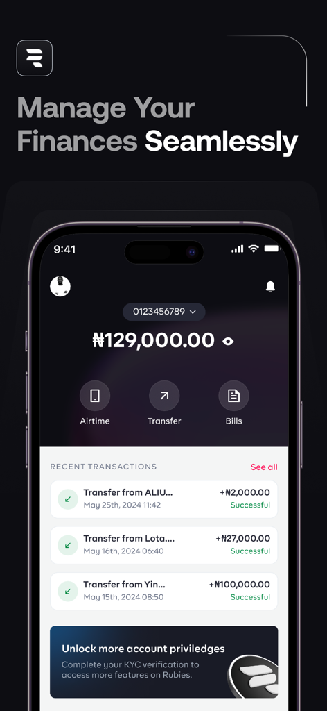 Rubies mobile banking interface showing account balance and recent transactions