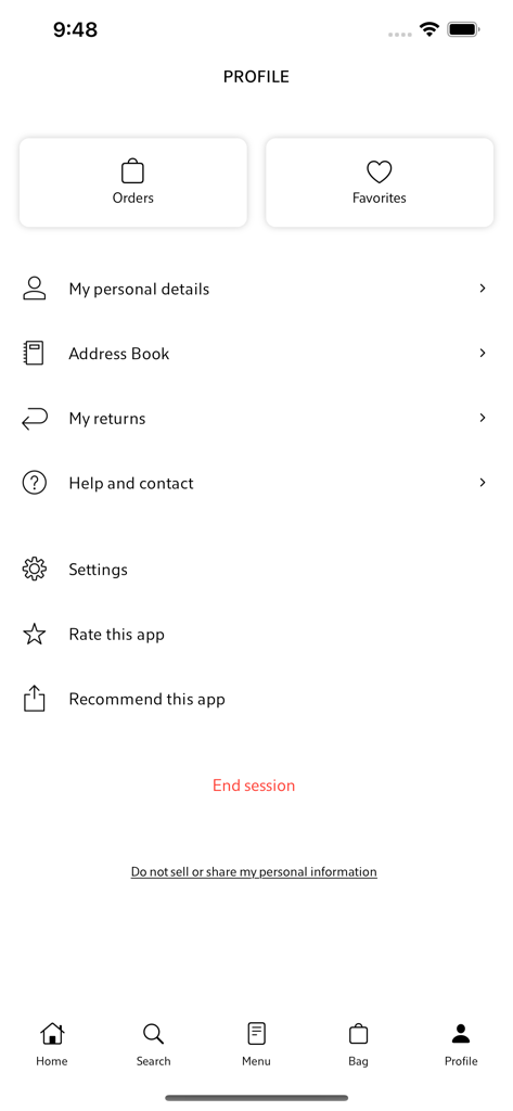 Zara Home - Pantalla de perfil de usuario de la app Zara Home que muestra pedidos, favoritos, detalles personales y configuración de la cuenta.