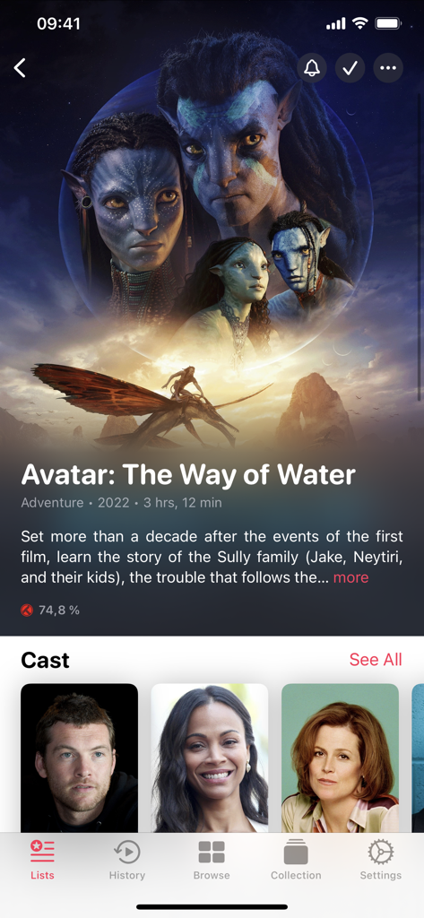 Popcorn Movies - Interfaz de la aplicación Popcorn Movies mostrando detalles de la película Avatar: El camino del agua