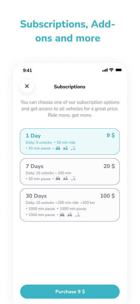 ISLA RIDE - Mobile app screen showing daily weekly and monthly subscription plans for Isla Ride electric scooter rentals