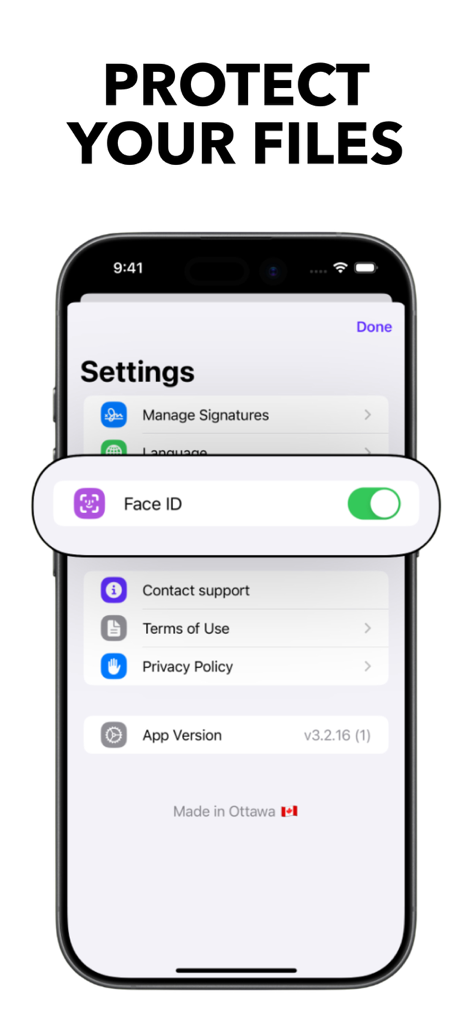 ZipSign: Signature Maker - ZipSign app settings screen showing the Face ID toggle to protect files