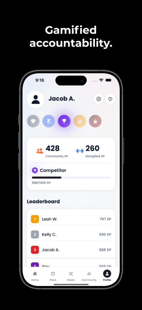CutCoach app profile showing gamified accountability with a leaderboard and XP tracking