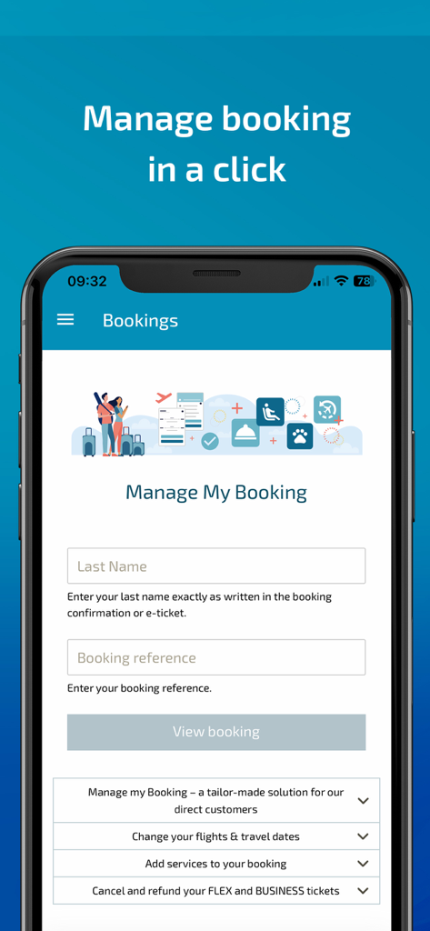 Interfaz de la aplicación móvil Luxair para gestionar reservas de vuelos que muestra los campos de apellido y referencia de reserva