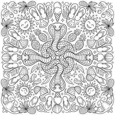 Unleash your creativity with this unique Snake Mandala coloring page, blending the mystique of serpents with the joyful spirit of summer. Featuring sunny motifs, tropical fruits, and beach essentials, it promises a relaxing escape.