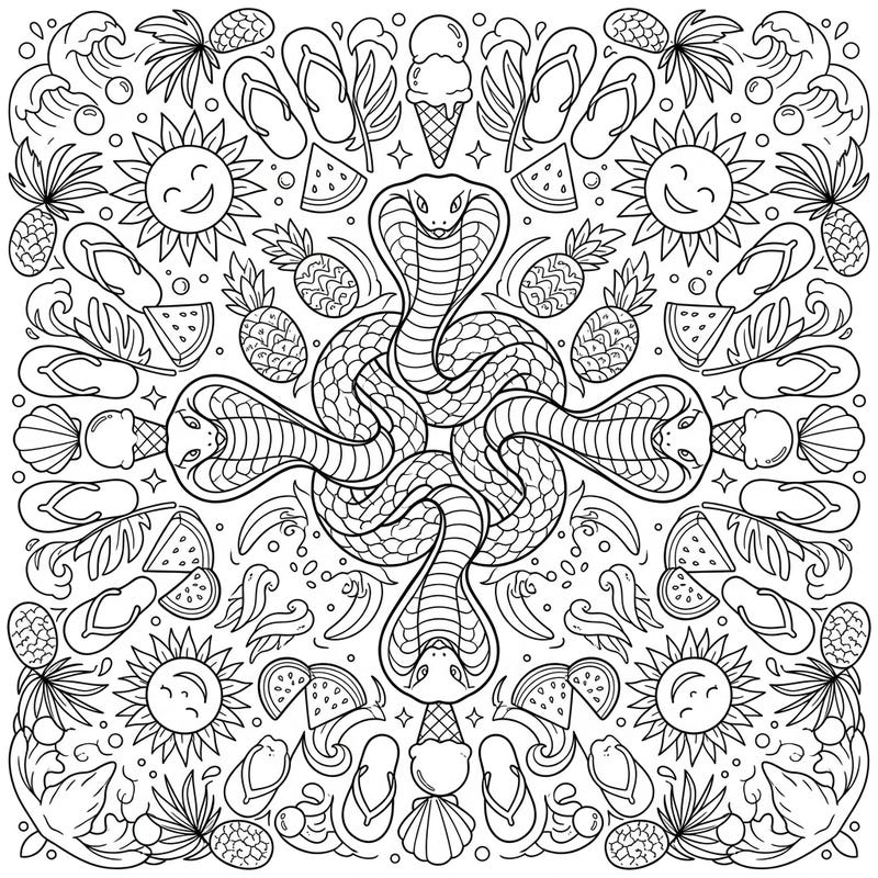 Unleash your creativity with this unique Snake Mandala coloring page, blending the mystique of serpents with the joyful spirit of summer. Featuring sunny motifs, tropical fruits, and beach essentials, it promises a relaxing escape.