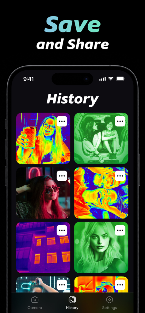 Night Vision Thermal Filter ㅤ - Pantalla de historial de la aplicación Filtro Térmico de Visión Nocturna mostrando fotos guardadas con varios efectos térmicos y de visión nocturna