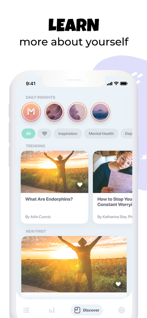 Moodnotes - Mood Tracker - Interface of Moodnotes app showing mental health articles and daily insights