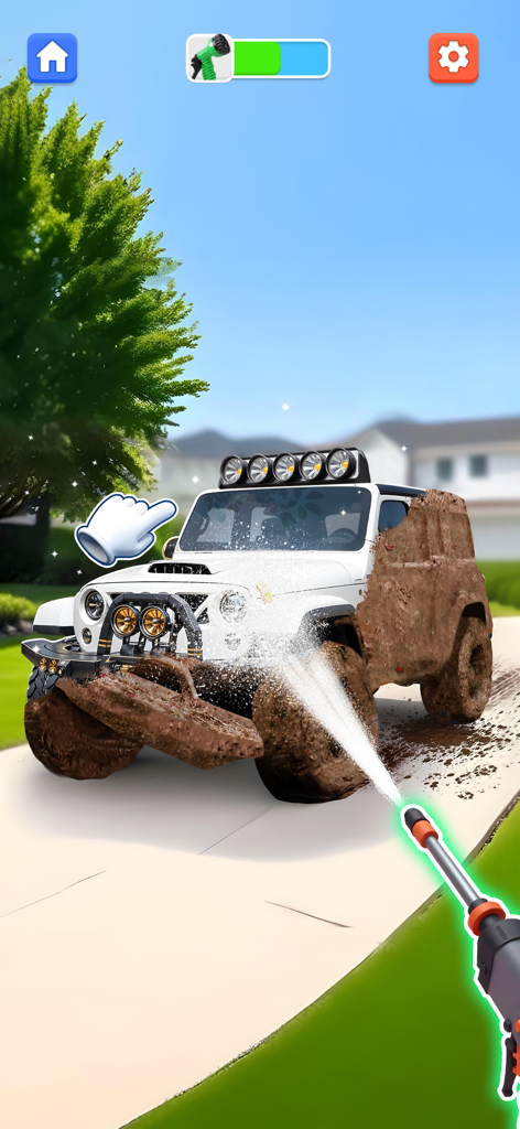 Power washing a muddy white jeep in a car makeover ASMR game