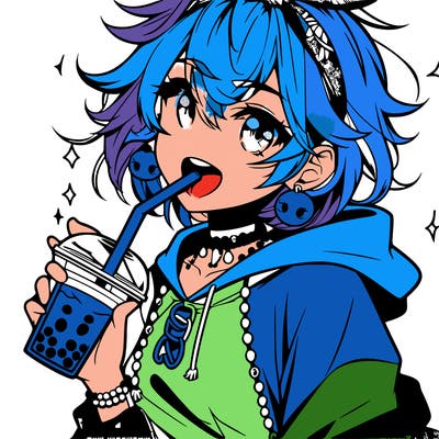 hot baddie anime girl drinking boba and biting the straw