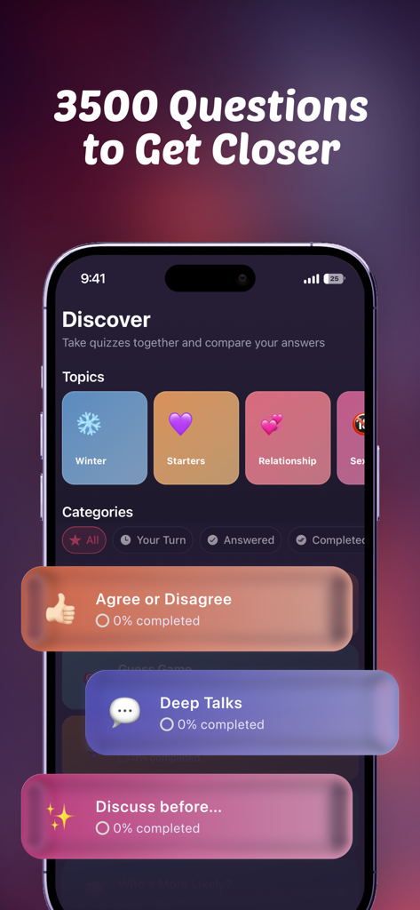 Cuties: App for Couples - Interface do aplicativo Cuties mostrando categorias de quiz para casais e tópicos para iniciar conversas profundas