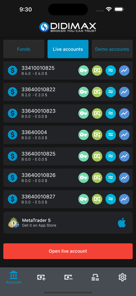 여러 개의 실시간 거래 계좌와 새 계좌 개설 버튼을 표시하는 DIDIMAX Trader 모바일 앱 인터페이스