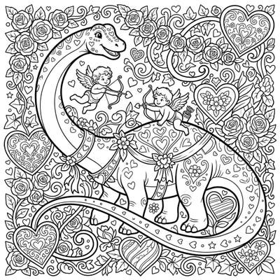Unleash your creativity with this delightful Diplodocus Valentine's Day coloring page! Discover a charming scene where a friendly long-necked dinosaur meets festive hearts, cupids, and roses, perfect for celebrating love.