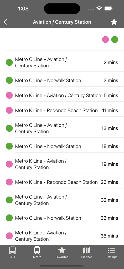 LA Metro and Bus - Real-time train arrival times for LA Metro Aviation Century Station showing C and K lines