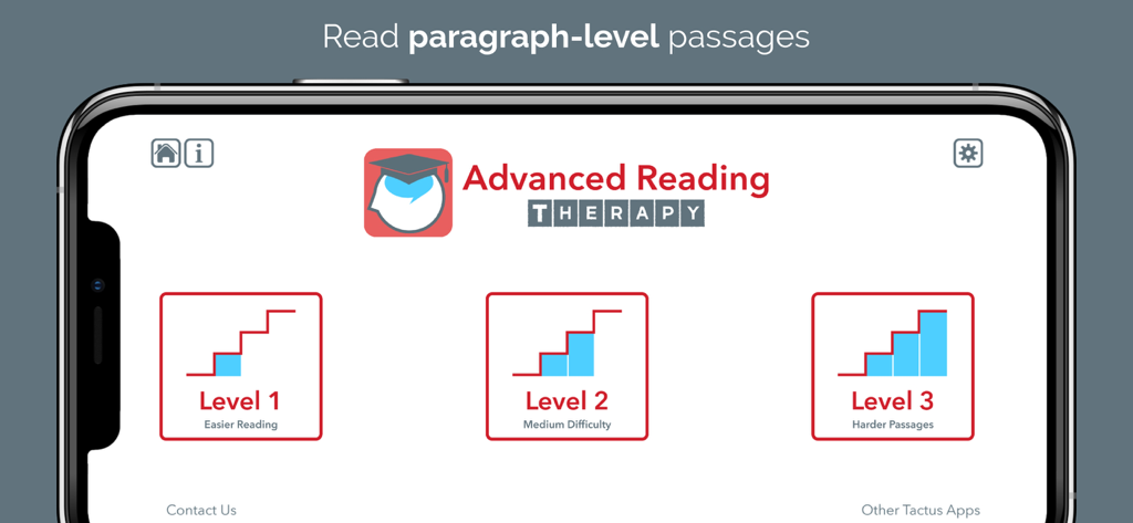 Interface de l'application Advanced Reading Therapy montrant trois niveaux de difficulté pour la lecture de paragraphes
