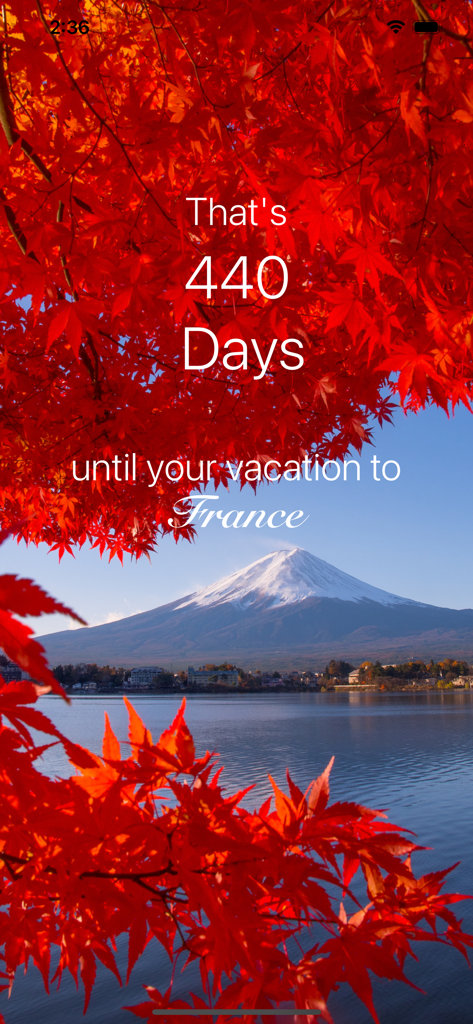 Bildschirm der Urlaubs-Countdown-App, der 440 Tage bis zu einer Reise nach Frankreich mit einem malerischen Herbsthintergrund anzeigt