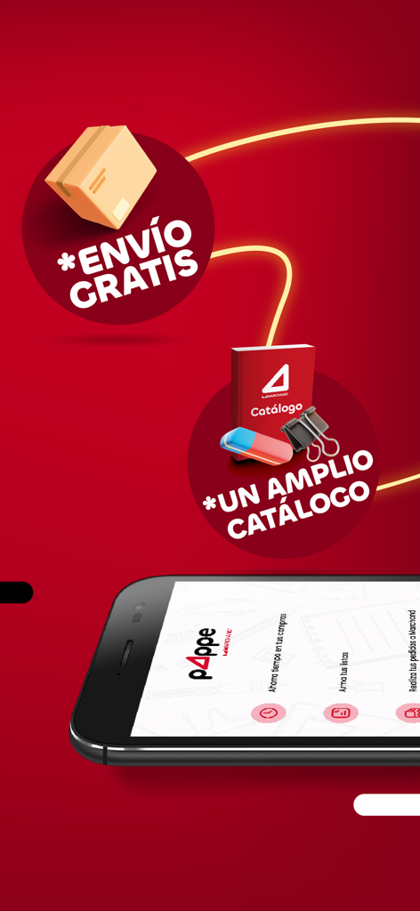 Marchand pAppe - Smartphone displaying Marchand pAppe stationery app with highlights for free shipping and a wide product catalog