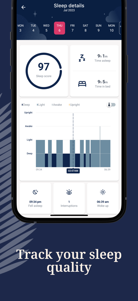 Schermata dell'app Tempdrop che mostra dettagli sulla qualità del sonno e metriche di monitoraggio del ciclo.