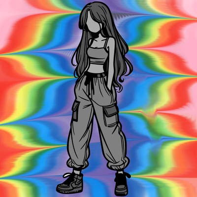 girl in baggy pants crop top and long hair