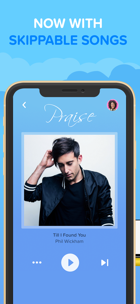 CBN Radio - Christian Music - Interface of the CBN Radio app showing the Praise music station with a skippable song feature