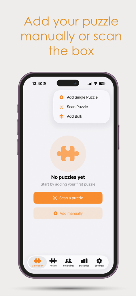 Jvh Puzzle - Jvh Puzzleコレクションにパズルの箱をスキャンするか、パズルを手動で追加するオプションを示すモバイルインターフェイス。