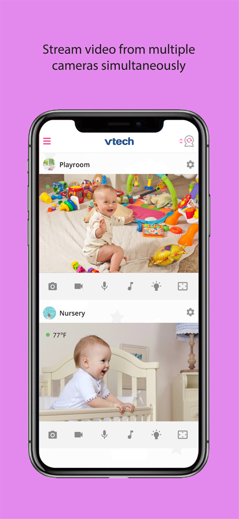 iPhone displaying the MyVTech Baby Pro app with two live video feeds showing a baby in a playroom and a nursery simultaneously