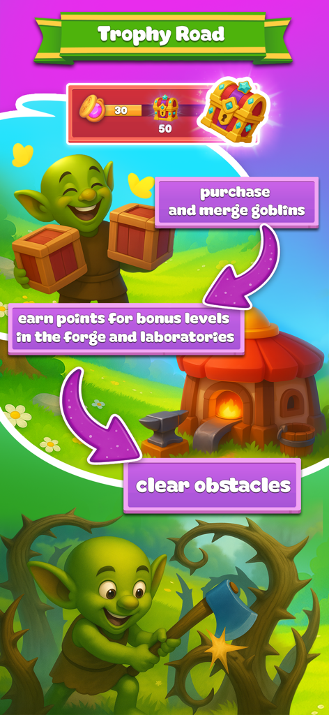 Goblin Miner: Idle Merger - 고블린 마이너 게임 플레이, 트로피 로드 진행 상황, 고블린 병합, 장애물 제거 표시