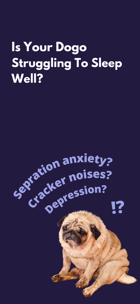 Relax My Dog : Calmly - A sad pug dog with text asking about separation anxiety and sleep problems
